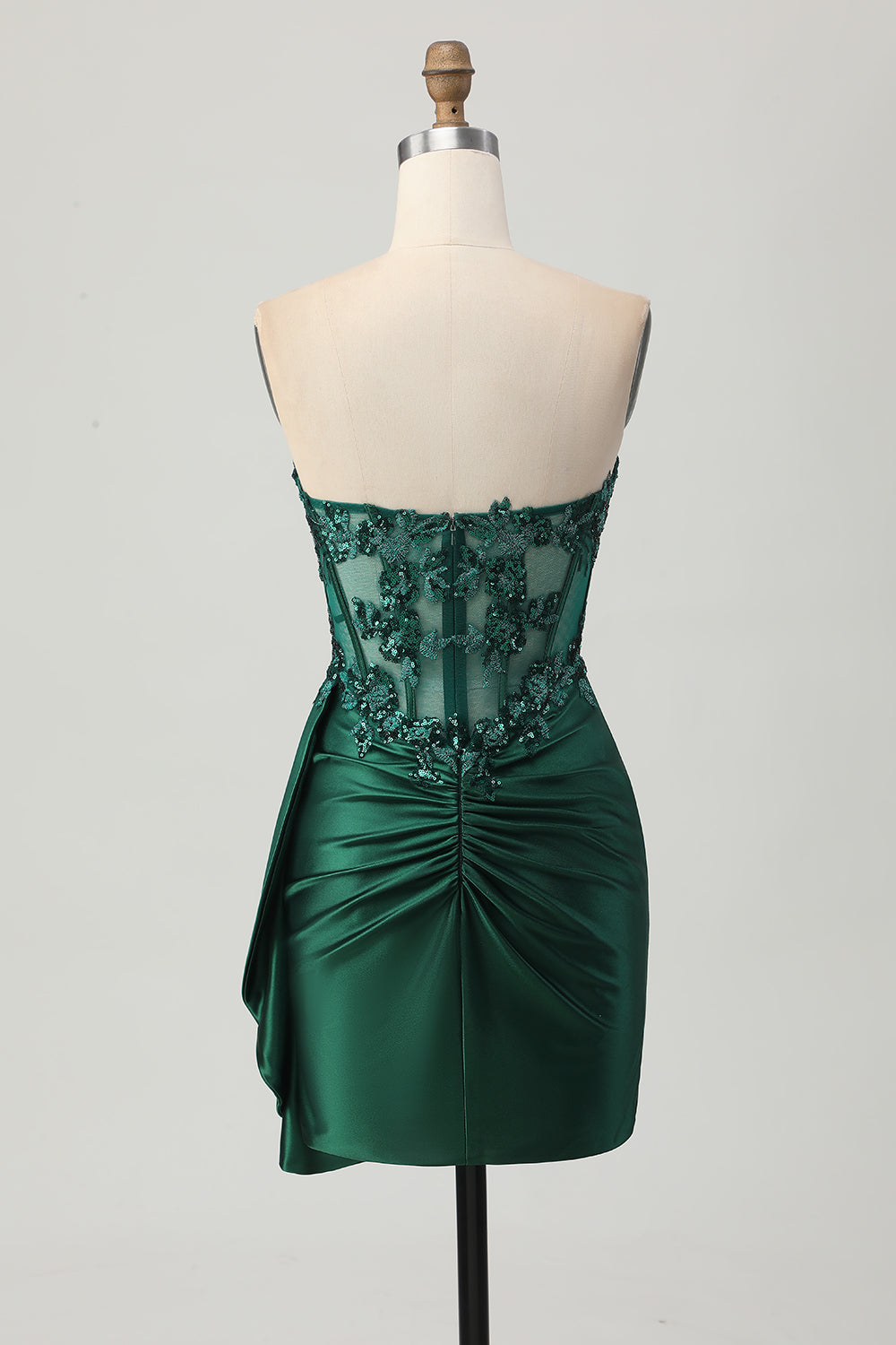 Strapless Bodycon Corset Appliqued Dark Green Homecoming Dress With Sash - Image 4