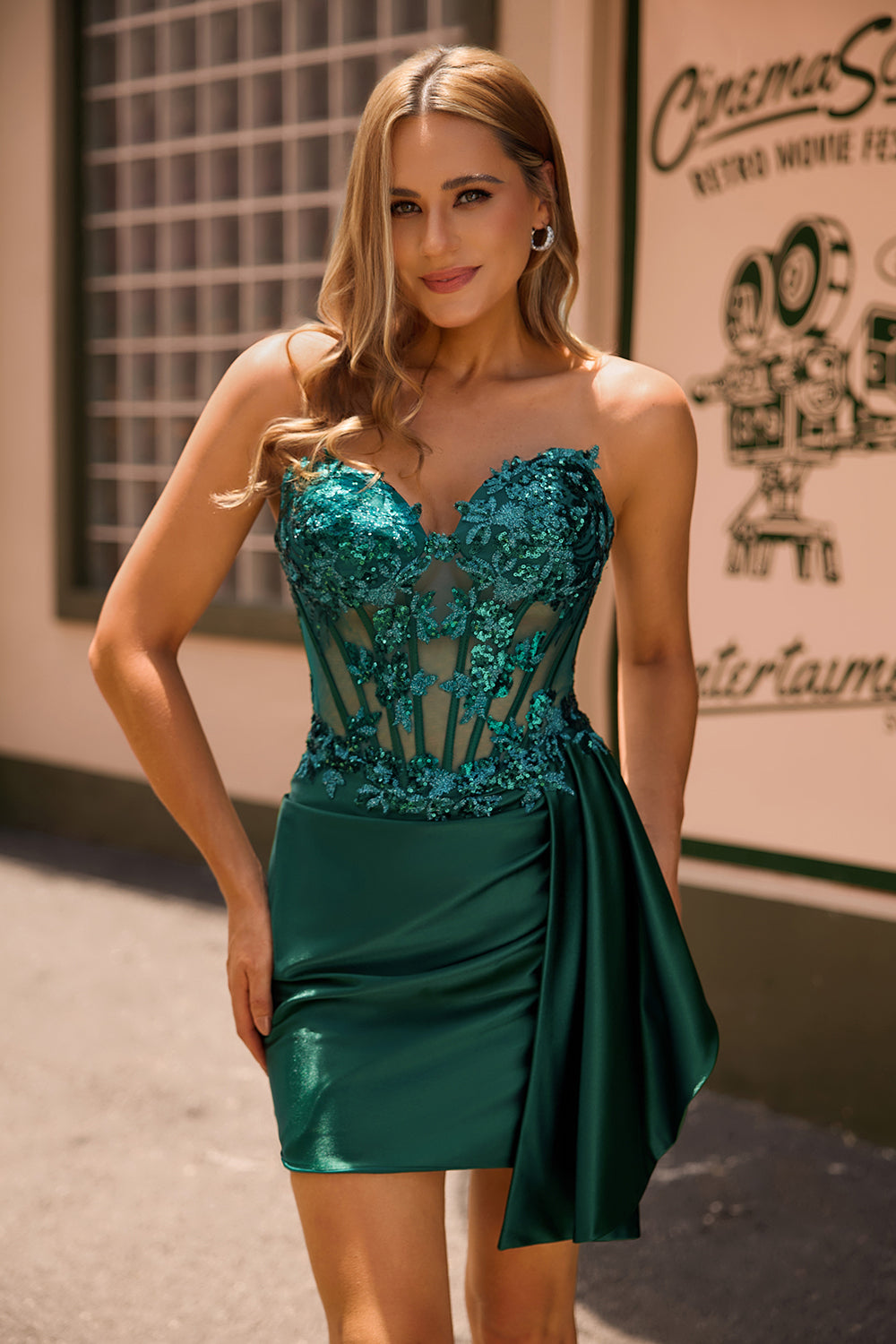 Strapless Bodycon Corset Appliqued Dark Green Homecoming Dress With Sash - Image 7