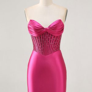 Strapless Fuchsia Corset Homecoming Dress with Beading