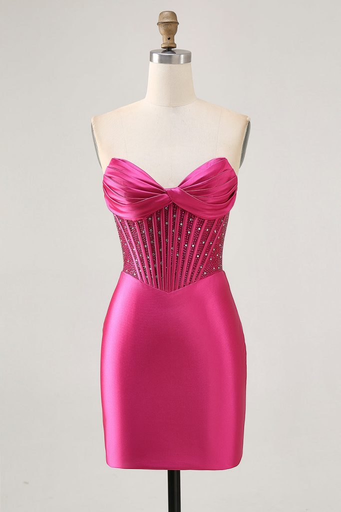 Strapless Fuchsia Corset Homecoming Dress with Beading