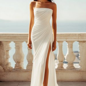 Strapless Ivory Sheath Engagement Dress with Slit