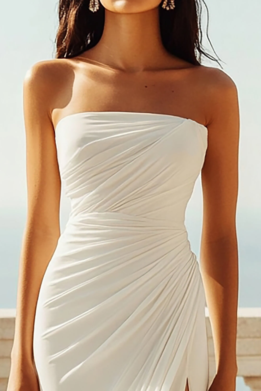 Strapless Ivory Sheath Engagement Dress with Slit - Image 2