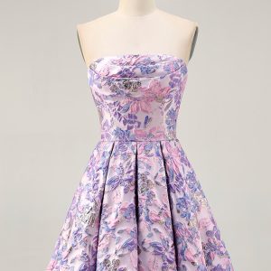 Strapless Floral Lilac A Line Homecoming Dress