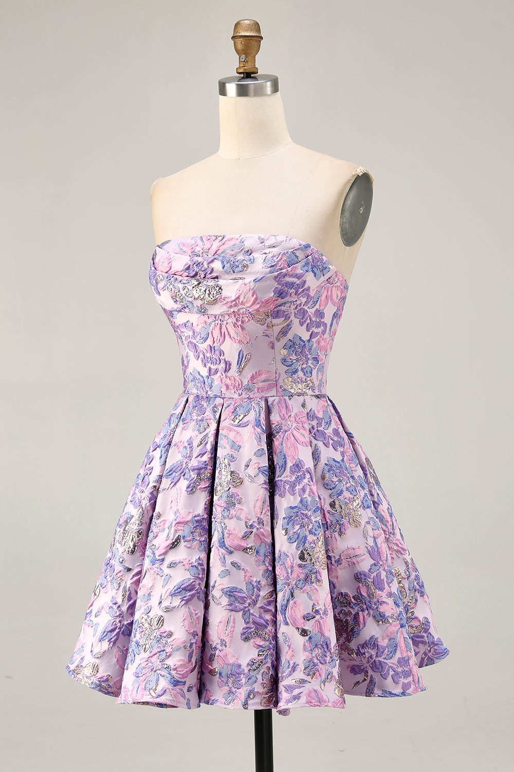 Strapless Floral Lilac A Line Homecoming Dress - Image 5