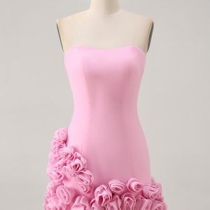 Strapless Bodycon Pink Homecoming Dress with 3D Flowers