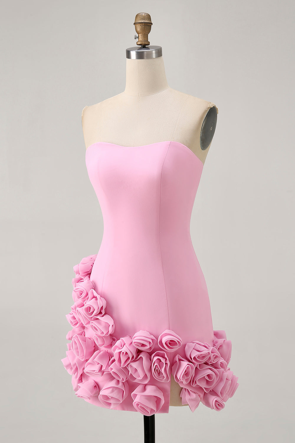 Strapless Bodycon Pink Homecoming Dress with 3D Flowers - Image 3