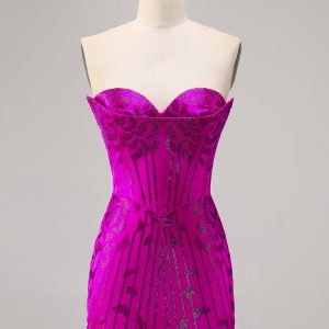 Strapless Fuchsia Beaded Bodycon Homecoming Dress