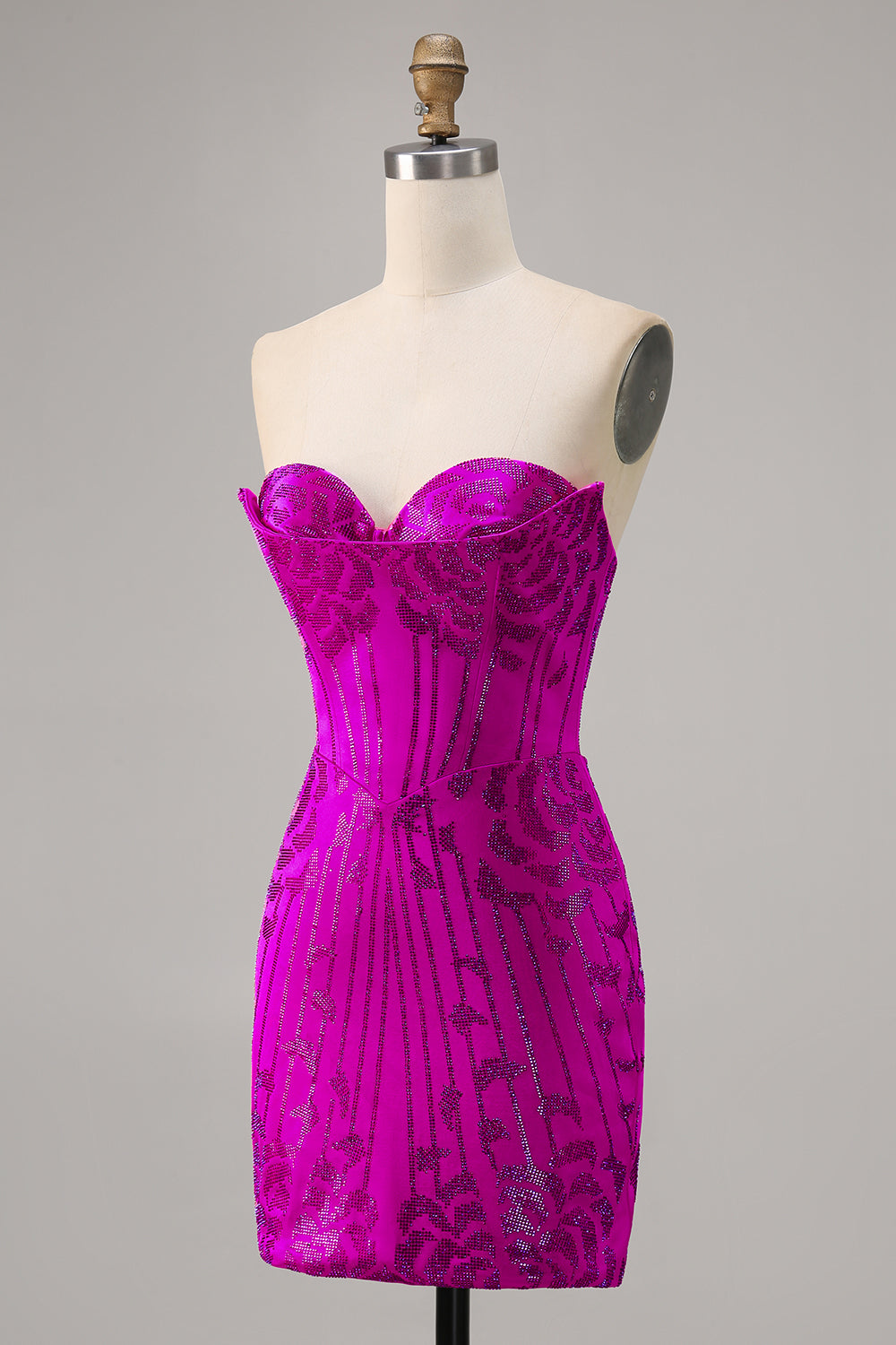 Strapless Fuchsia Beaded Bodycon Homecoming Dress - Image 3