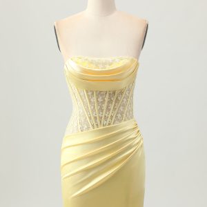 Strapless Corset Ruched Yellow Homecoming Dress With Slit