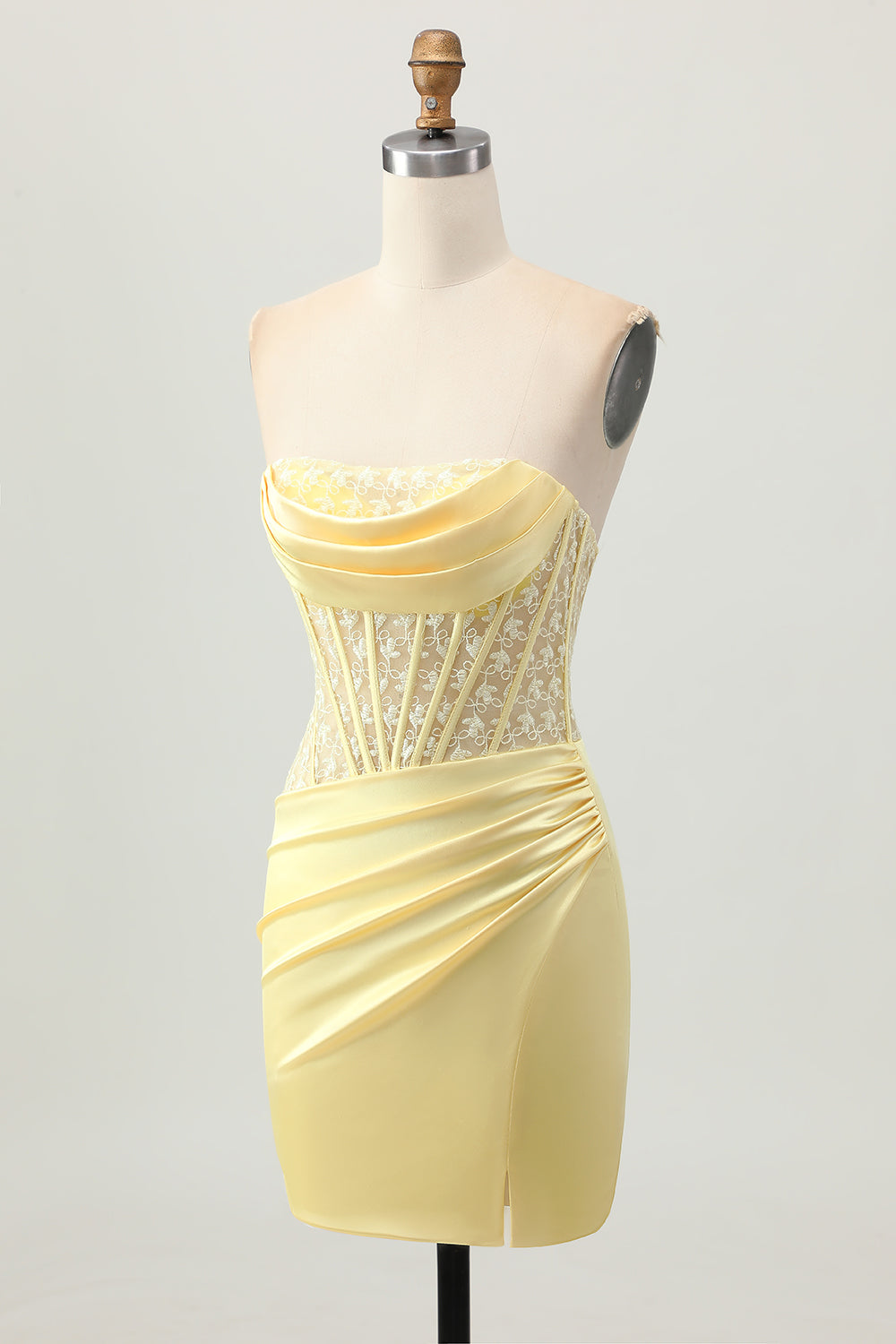 Strapless Corset Ruched Yellow Homecoming Dress With Slit - Image 3