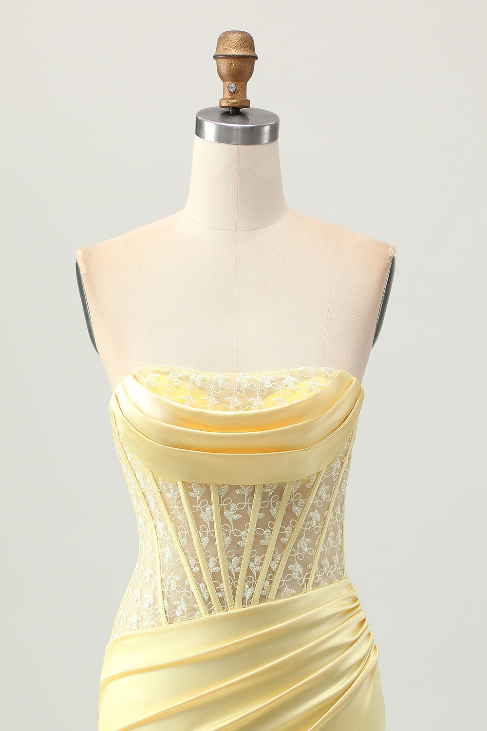 Strapless Corset Ruched Yellow Homecoming Dress With Slit - Image 4