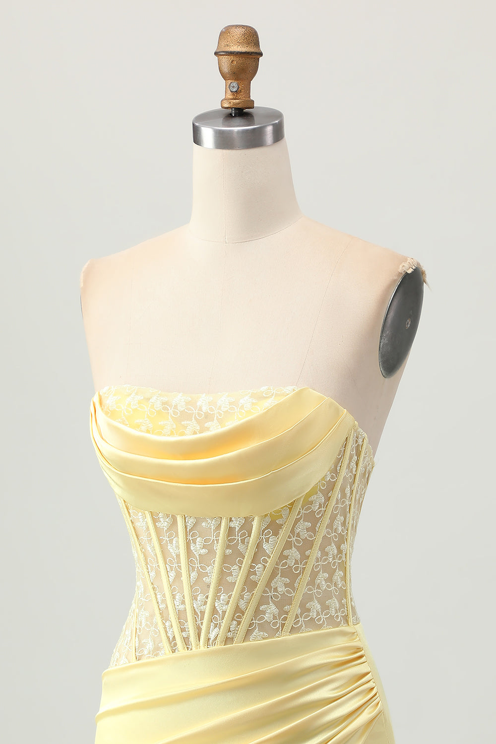 Strapless Corset Ruched Yellow Homecoming Dress With Slit - Image 6