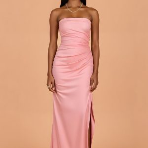 Strapless Blush Sheath Chiffon Bridesmaid Dress With Slit