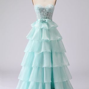 Strapless Corset Appliqued Tiered Green Prom Dress