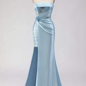 Strapless Blue Sequin Mermaid Satin Prom Dress With Slit