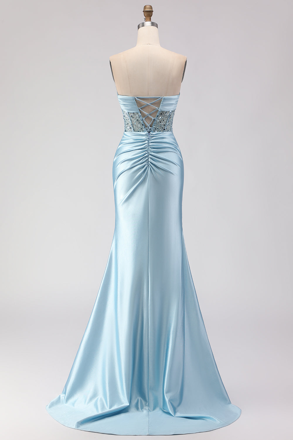 Strapless Blue Sequin Mermaid Satin Prom Dress With Slit - Image 2