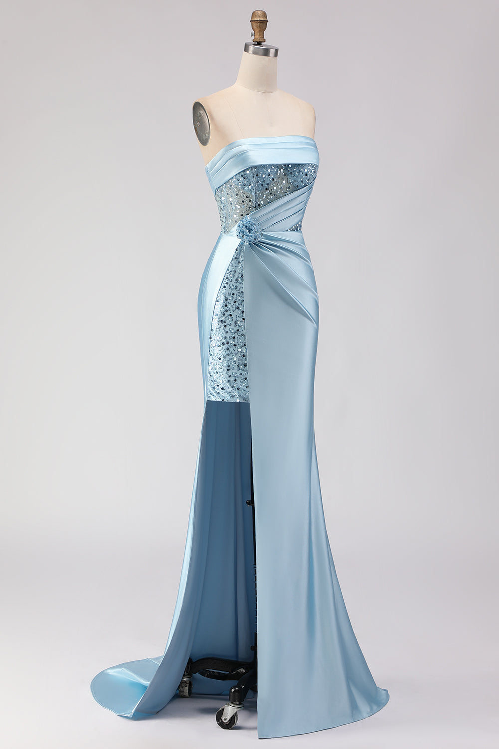 Strapless Blue Sequin Mermaid Satin Prom Dress With Slit - Image 3