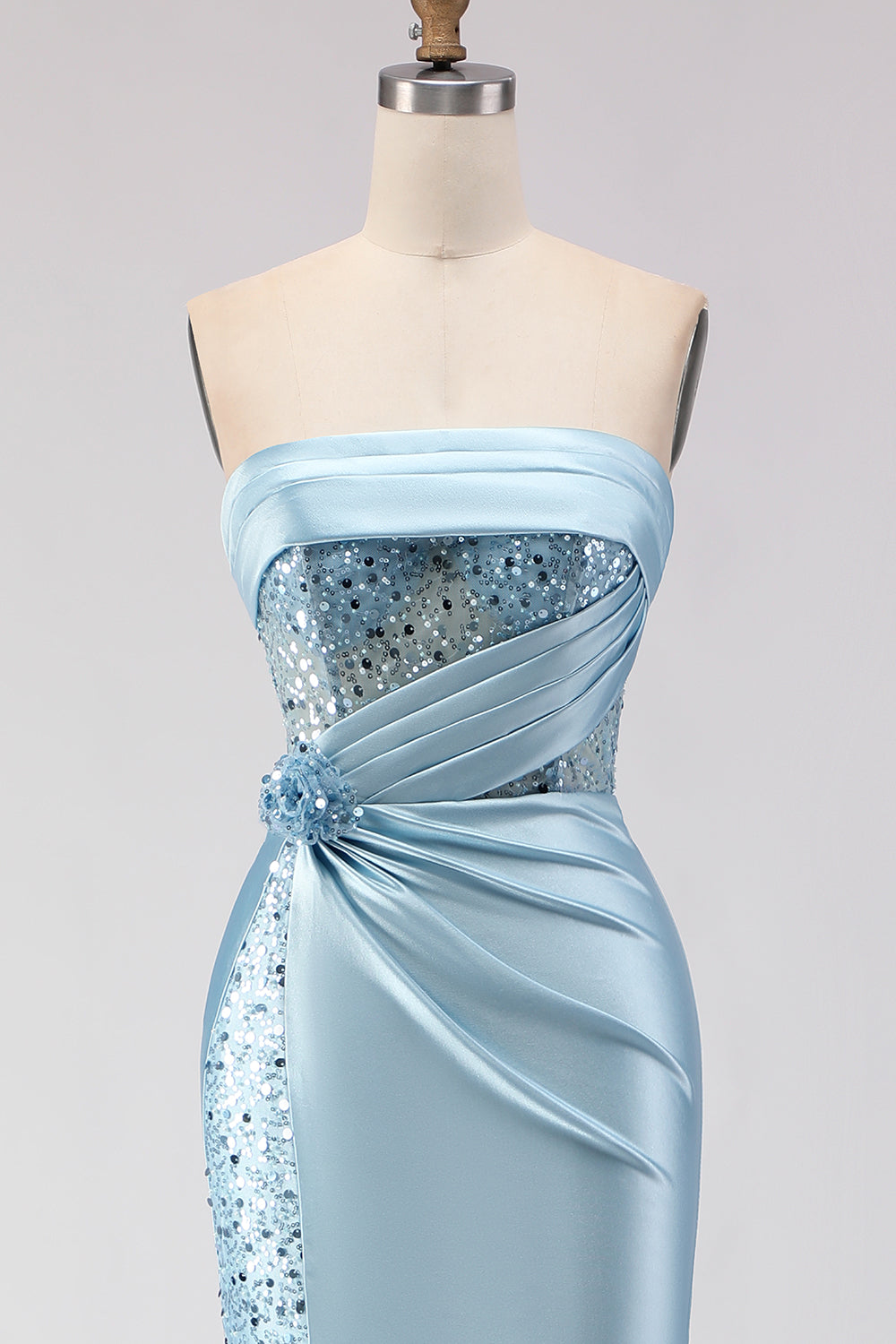 Strapless Blue Sequin Mermaid Satin Prom Dress With Slit - Image 4
