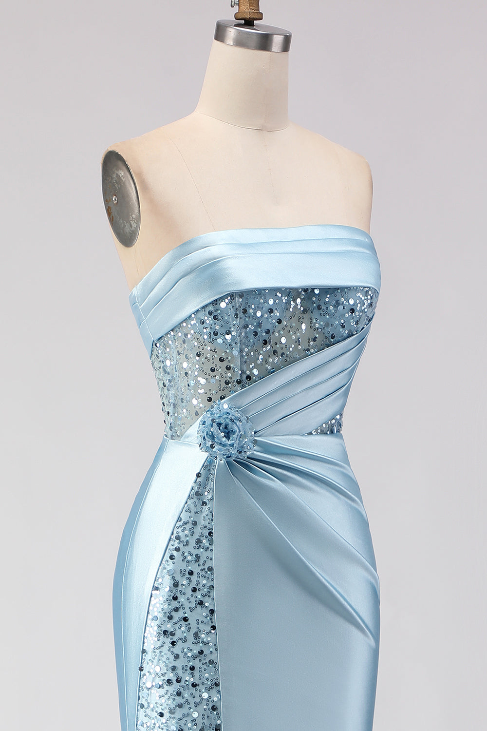 Strapless Blue Sequin Mermaid Satin Prom Dress With Slit - Image 6