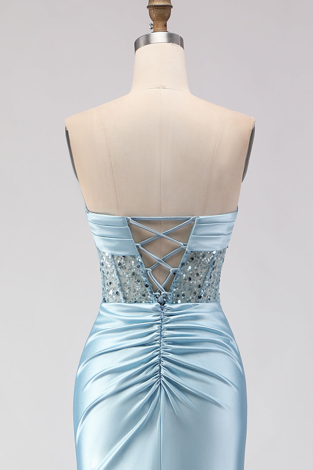 Strapless Blue Sequin Mermaid Satin Prom Dress With Slit - Image 5