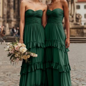 Strapless Dark Green Ruched Tiered Ruffled A-Line Bridesmaid Dress