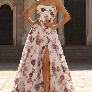 Strapless Corset A Line White Red Floral Sequin Prom Dress