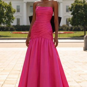 Strapless Fuchsia Ruched Satin Prom Dress with Bow