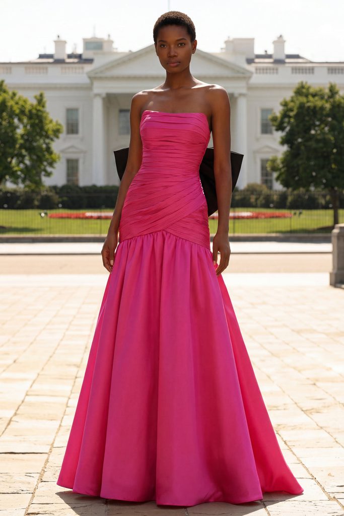 Strapless Fuchsia Ruched Satin Prom Dress with Bow