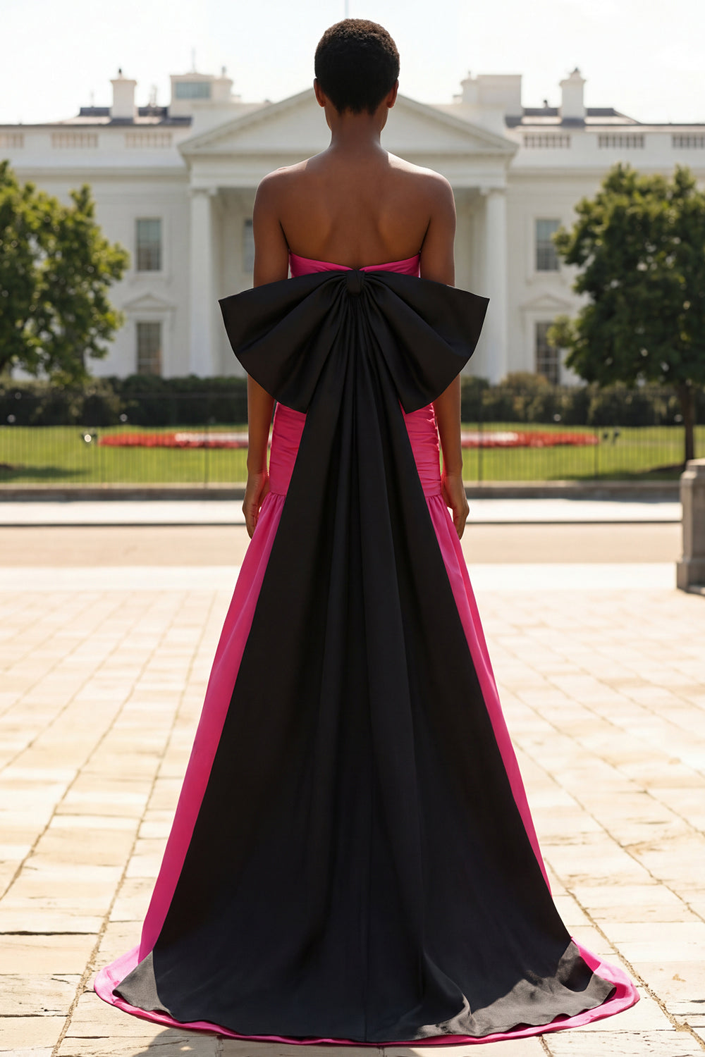 Strapless Fuchsia Ruched Satin Prom Dress with Bow - Image 2
