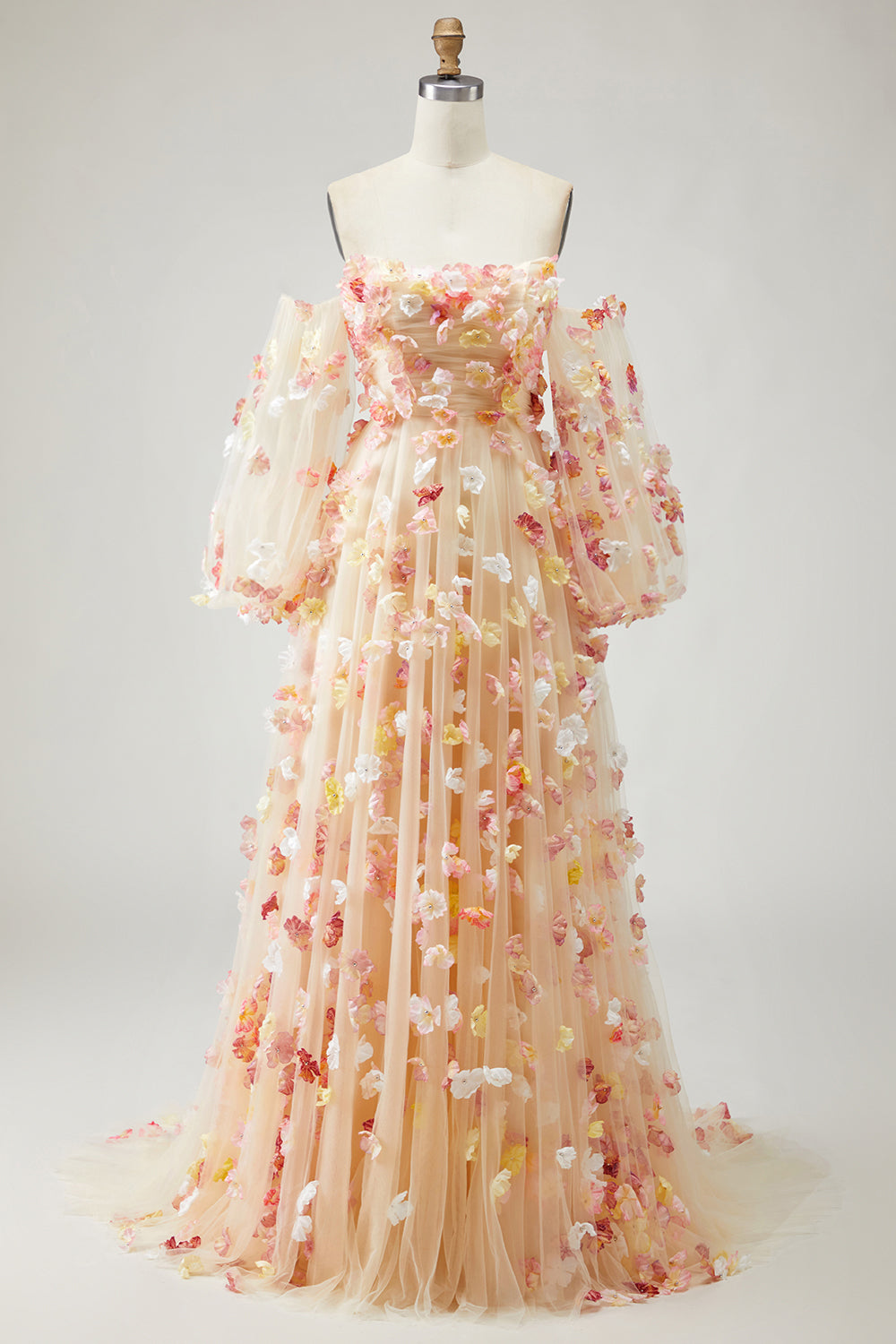 Strapless Floral Champagne A-Line Maxi Prom Dress - Image 4