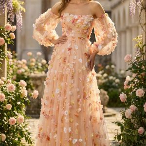 Strapless Floral Champagne A-Line Maxi Prom Dress