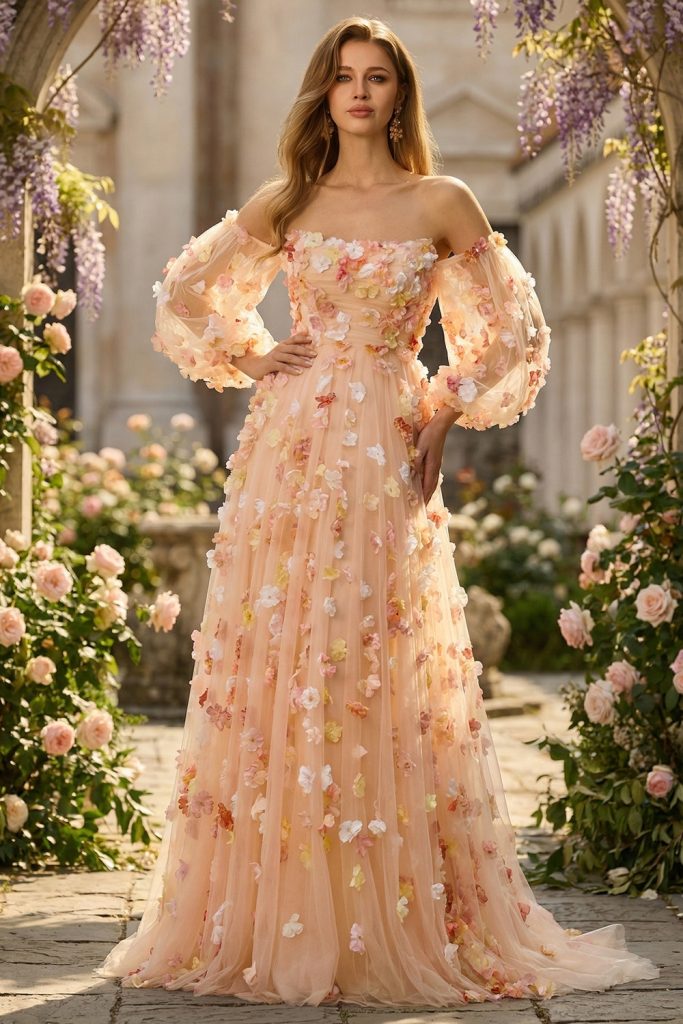 Strapless Floral Champagne A-Line Maxi Prom Dress