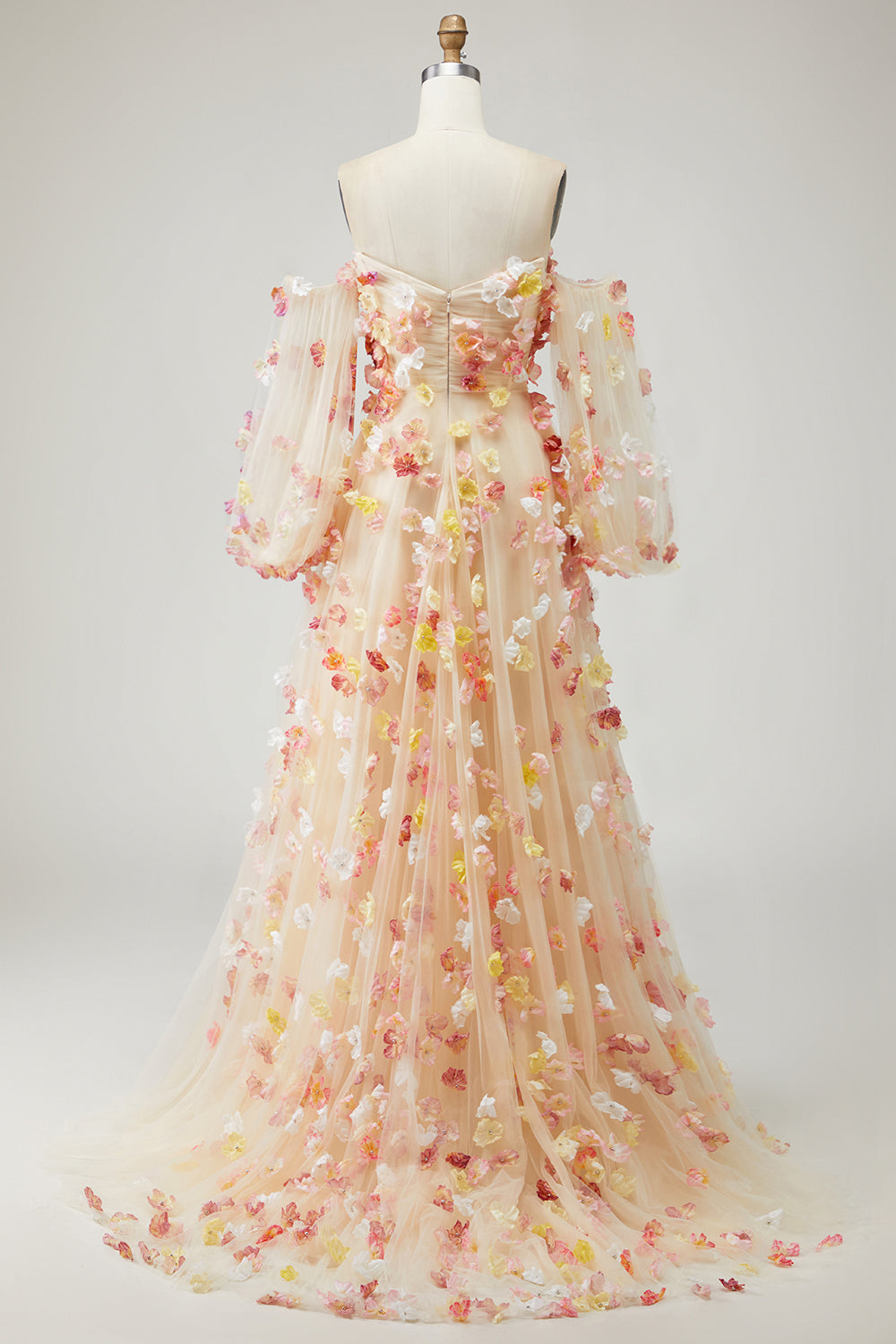 Strapless Floral Champagne A-Line Maxi Prom Dress - Image 5