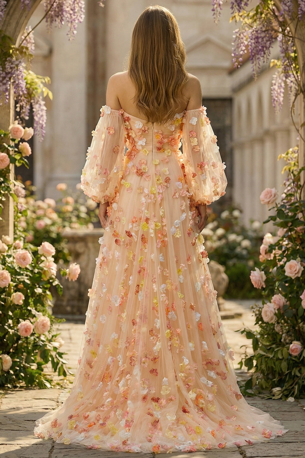 Strapless Floral Champagne A-Line Maxi Prom Dress - Image 2