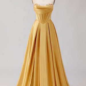 Strapless Golden Satin A Line Corset Prom Dress