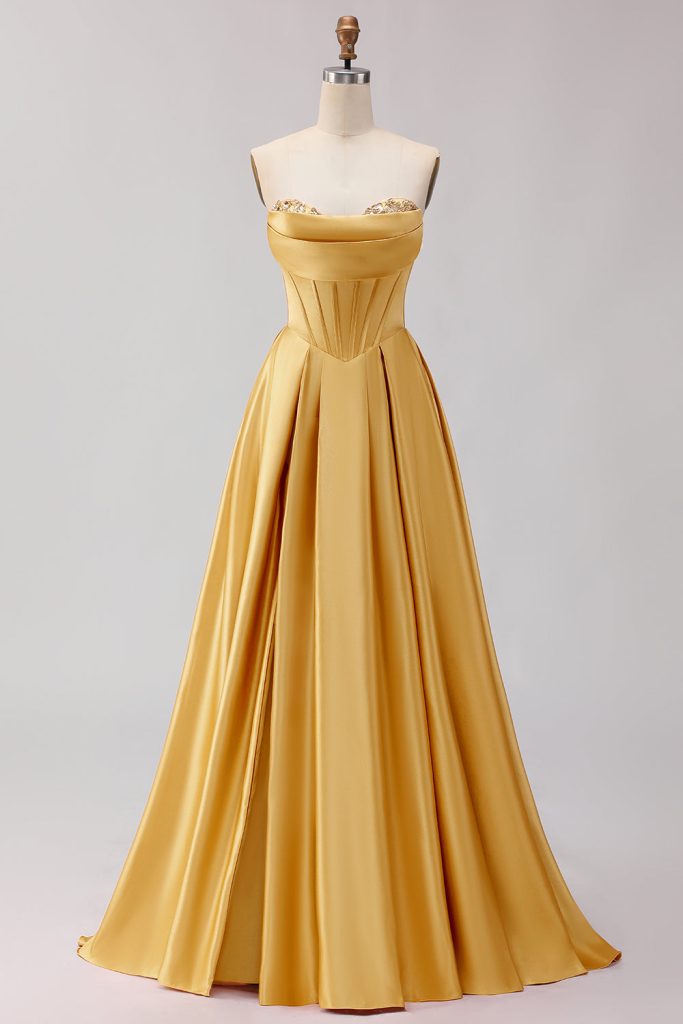 Strapless Golden Satin A Line Corset Prom Dress