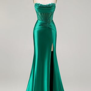 Strapless Dark Green Mermaid Ruched Corset Prom Dress With Slit