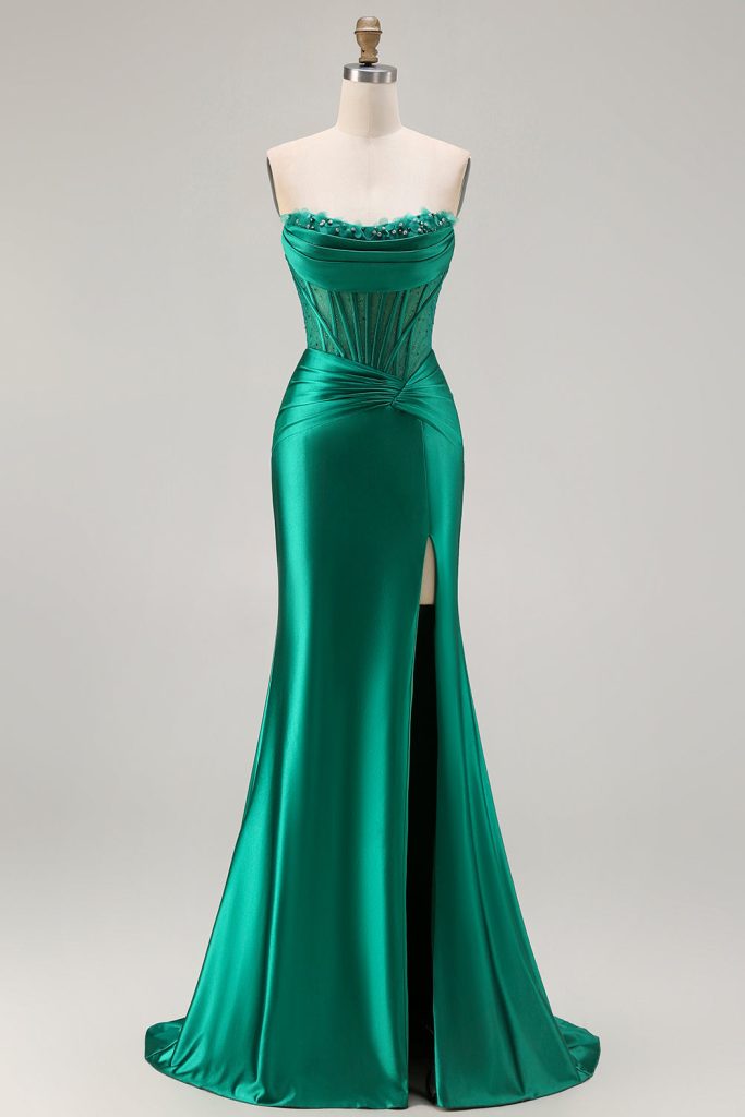 Strapless Dark Green Mermaid Ruched Corset Prom Dress With Slit