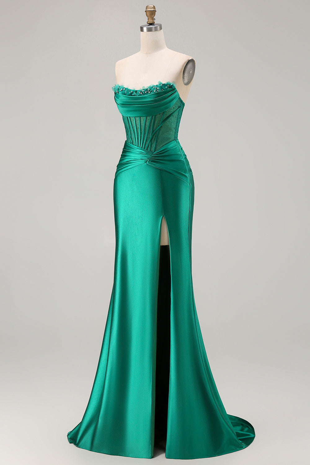 Strapless Dark Green Mermaid Ruched Corset Prom Dress With Slit - Image 5