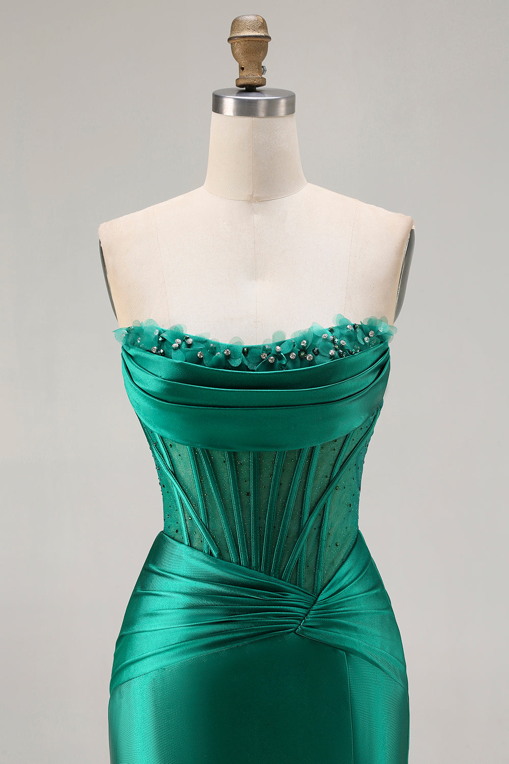 Strapless Dark Green Mermaid Ruched Corset Prom Dress With Slit - Image 6