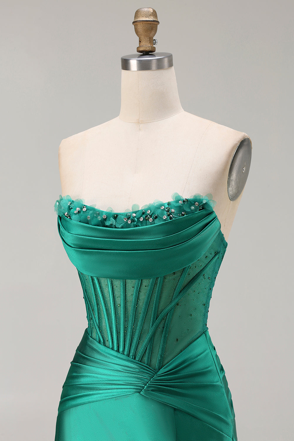 Strapless Dark Green Mermaid Ruched Corset Prom Dress With Slit - Image 8