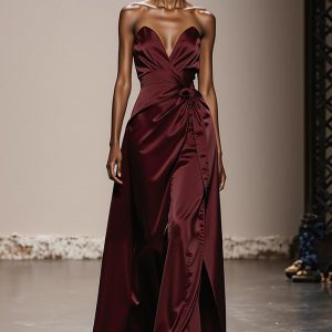 Strapless Burgundy A-Line Maxi Evening Dress