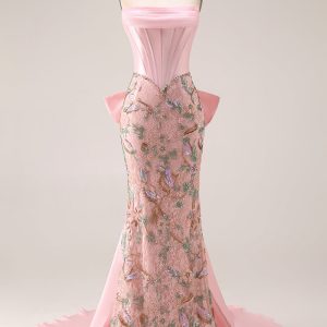 Strapless Corset Floral Pink Mermaid Beaded Prom Dress