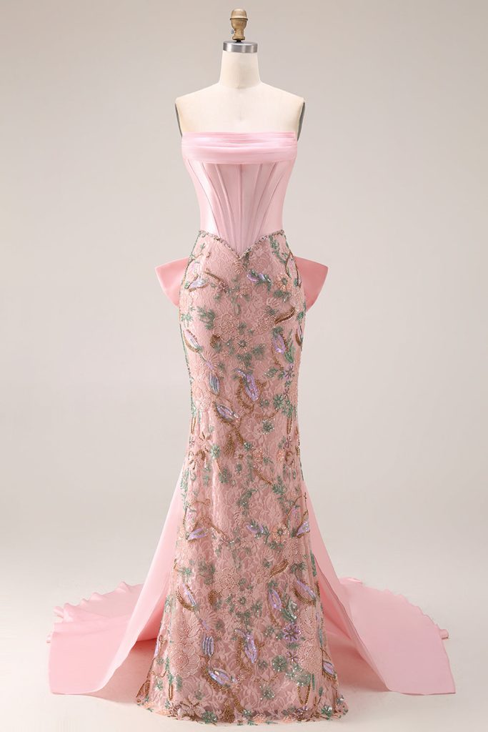 Strapless Corset Floral Pink Mermaid Beaded Prom Dress