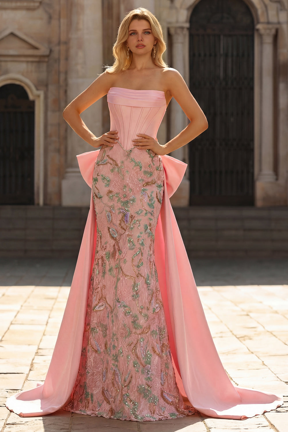 Strapless Corset Floral Pink Mermaid Beaded Prom Dress - Image 3