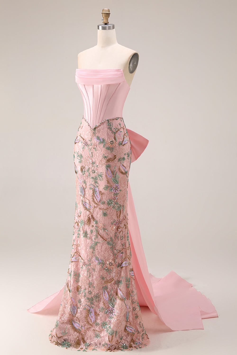Strapless Corset Floral Pink Mermaid Beaded Prom Dress - Image 5