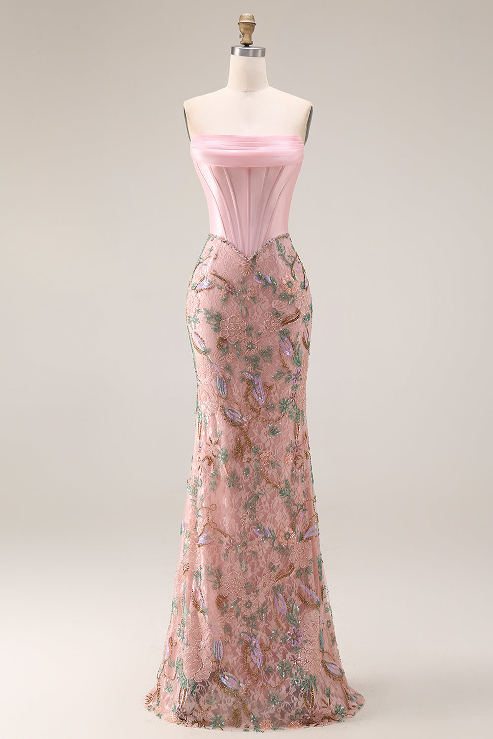 Strapless Corset Floral Pink Mermaid Beaded Prom Dress - Image 6