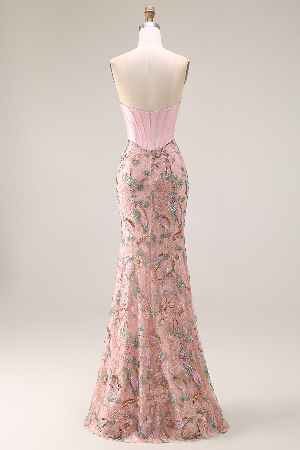 Strapless Corset Floral Pink Mermaid Beaded Prom Dress - Image 7