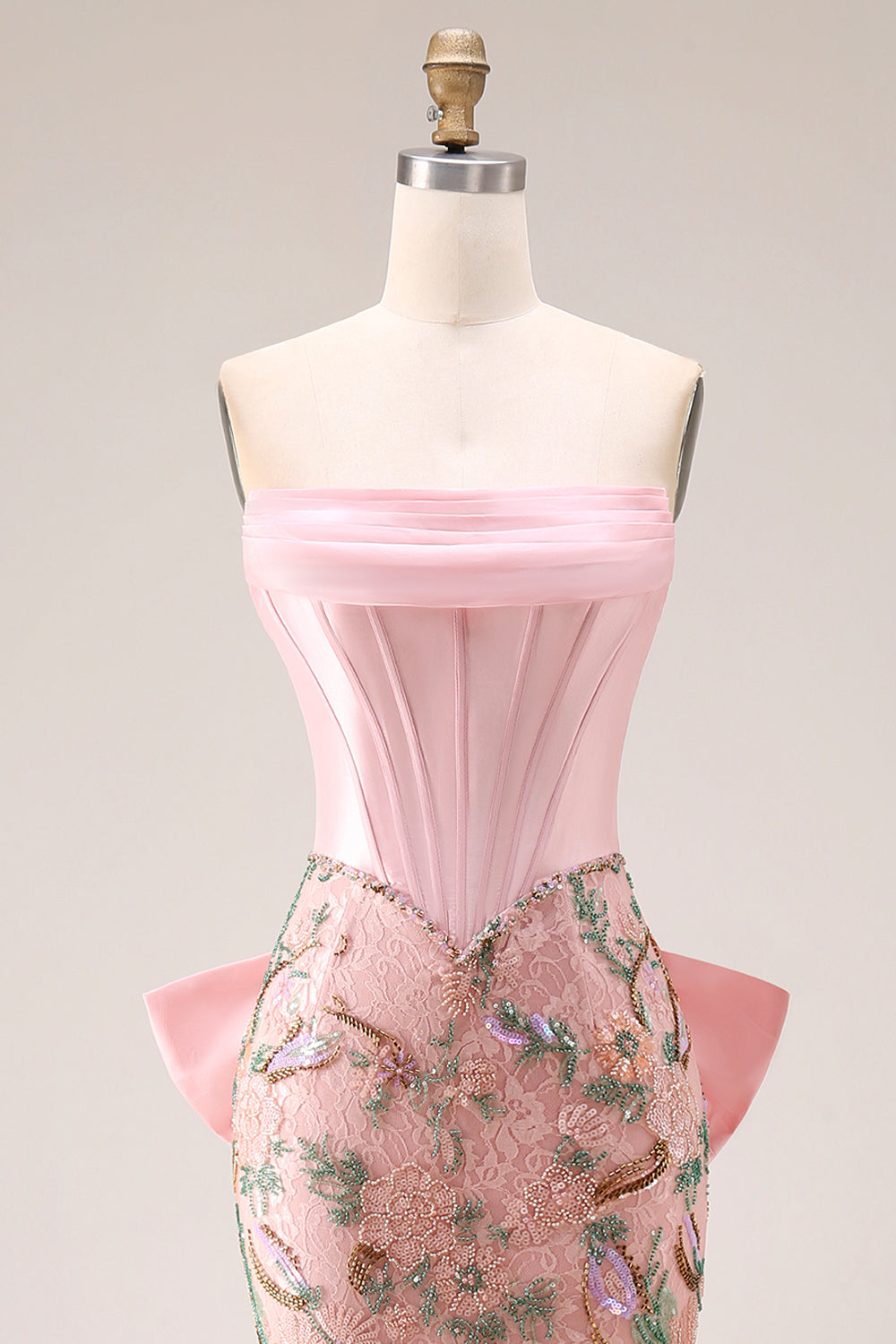 Strapless Corset Floral Pink Mermaid Beaded Prom Dress - Image 8