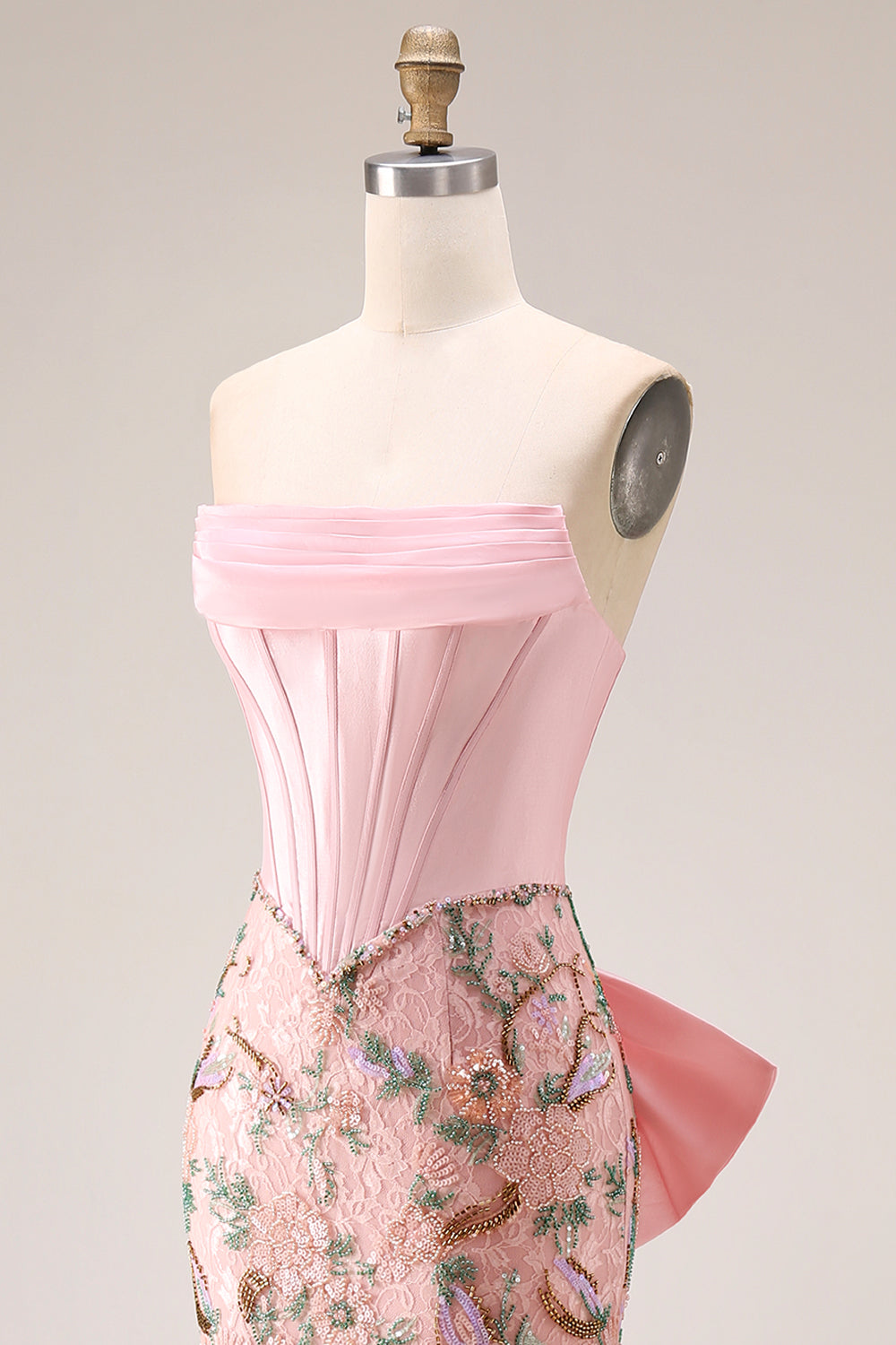 Strapless Corset Floral Pink Mermaid Beaded Prom Dress - Image 10